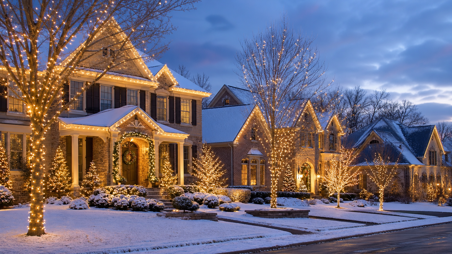 Beautiful exterior view of a home decorated with professional Christmas light installation at 2550 Country Club Rd, Indianapolis, IN 46234 – house outlined with classic holiday lights, trees and shrubs wrapped in festive lighting, and entrance adorned with a wreath
