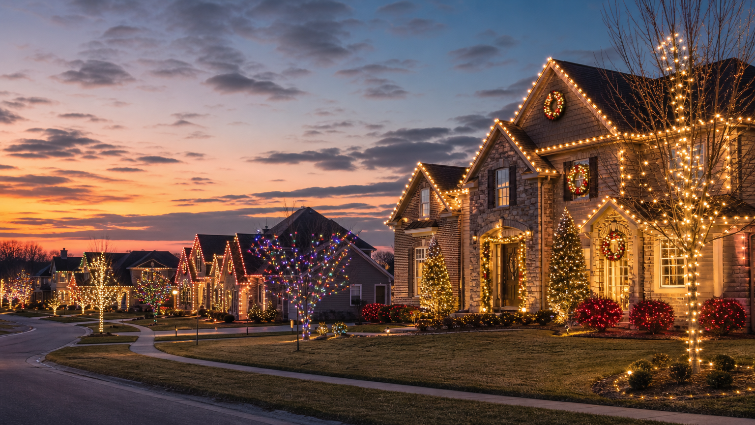 Beautiful Christmas light installation on residential home exterior with tree and shrub lights at 2550 Country Club Rd, Indianapolis, IN 46234-1704