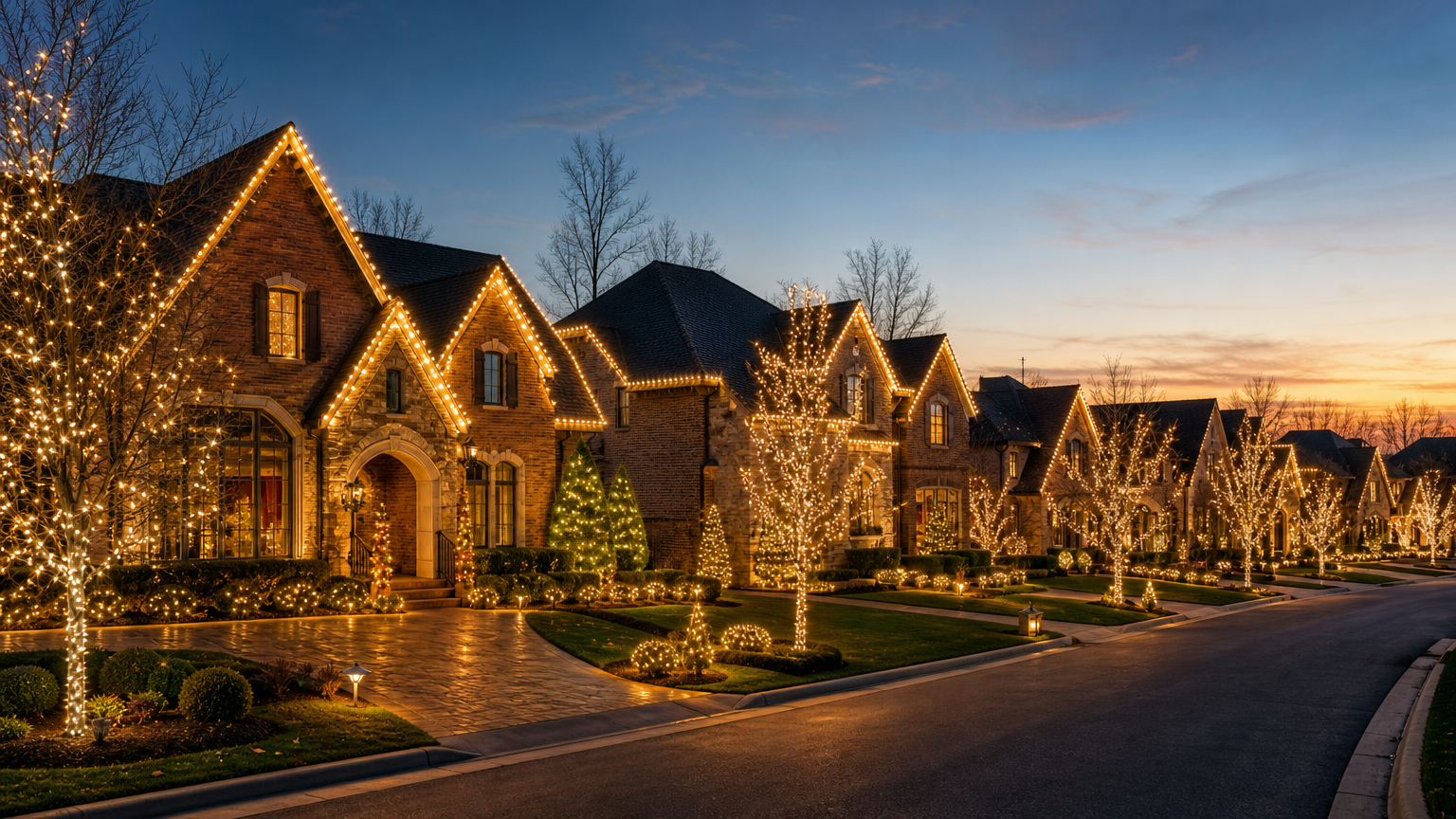 Exterior of a home at 2550 Country Club Rd, Indianapolis, IN with festive Christmas lights along the roof and landscaping, professionally installed holiday lighting on trees and shrubs