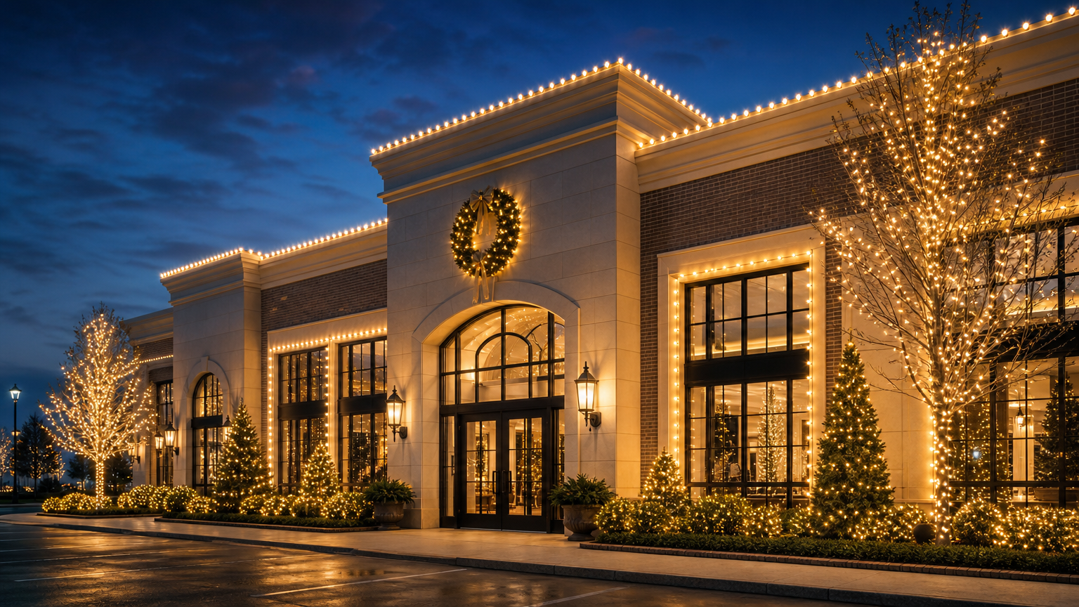 Commercial building beautifully decorated with professional Christmas lights on the exterior, including roofline, windows, trees, and entrance for holiday lighting installation