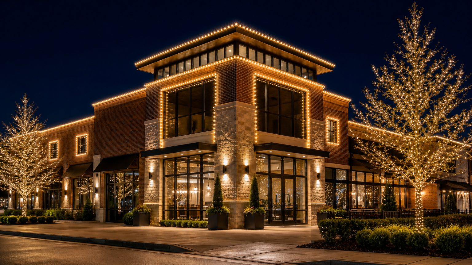 Commercial building decorated with professional Christmas lighting outlining the roof and windows and illuminated trees, showcasing expert holiday installation