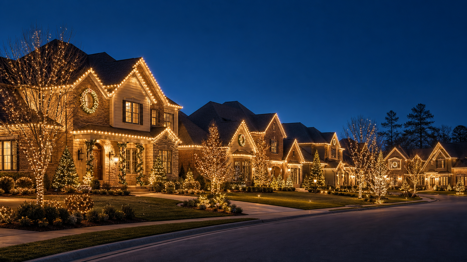 Beautiful Christmas light installation on a luxury home at 2550 Country Club Rd, Indianapolis, IN with glowing roofline lights, illuminated wreaths, and decorated trees and shrubs