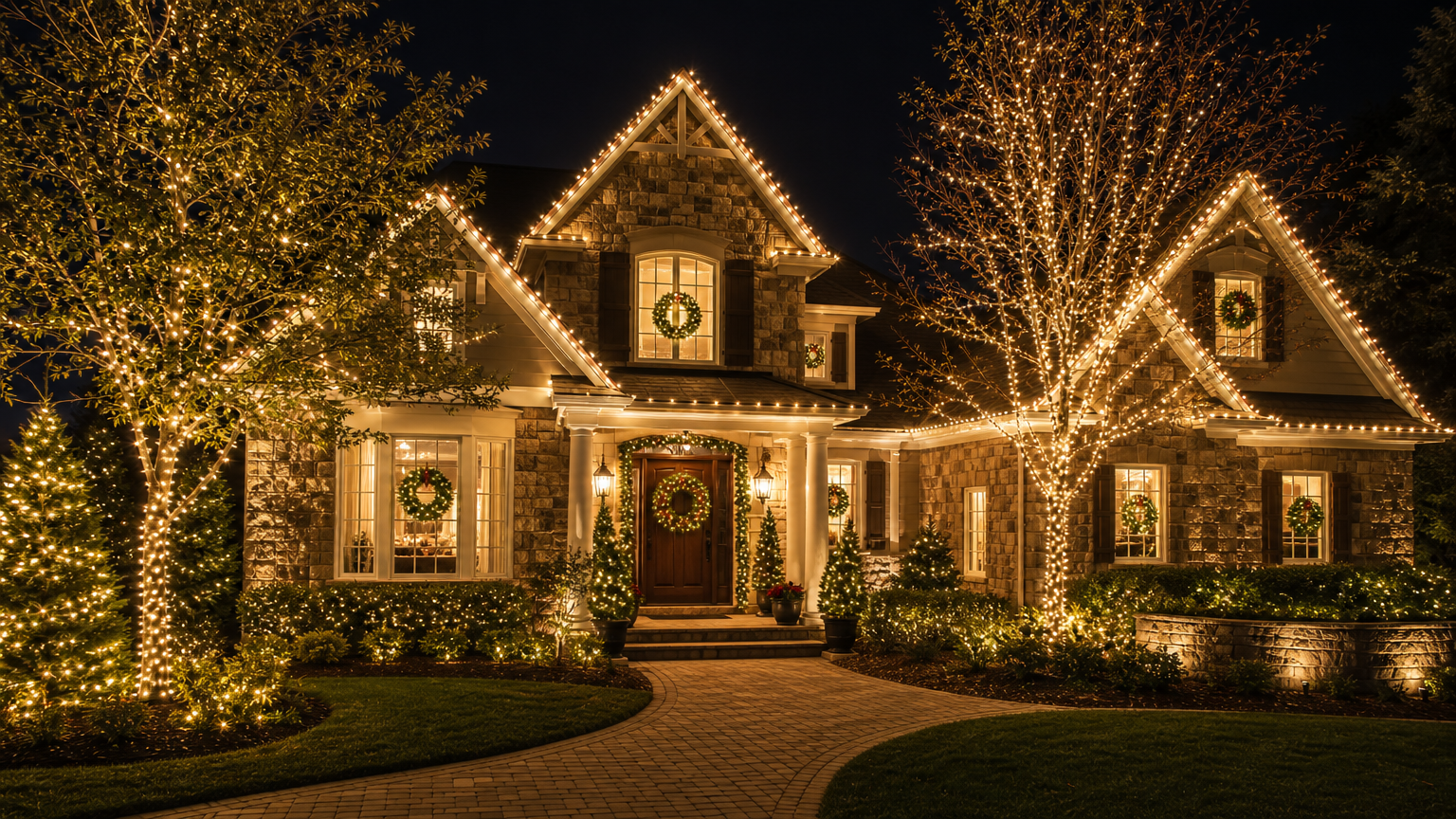 Beautiful residential exterior with professional Christmas lighting featuring glowing roofline, lit trees, and festive wreath on the front door
