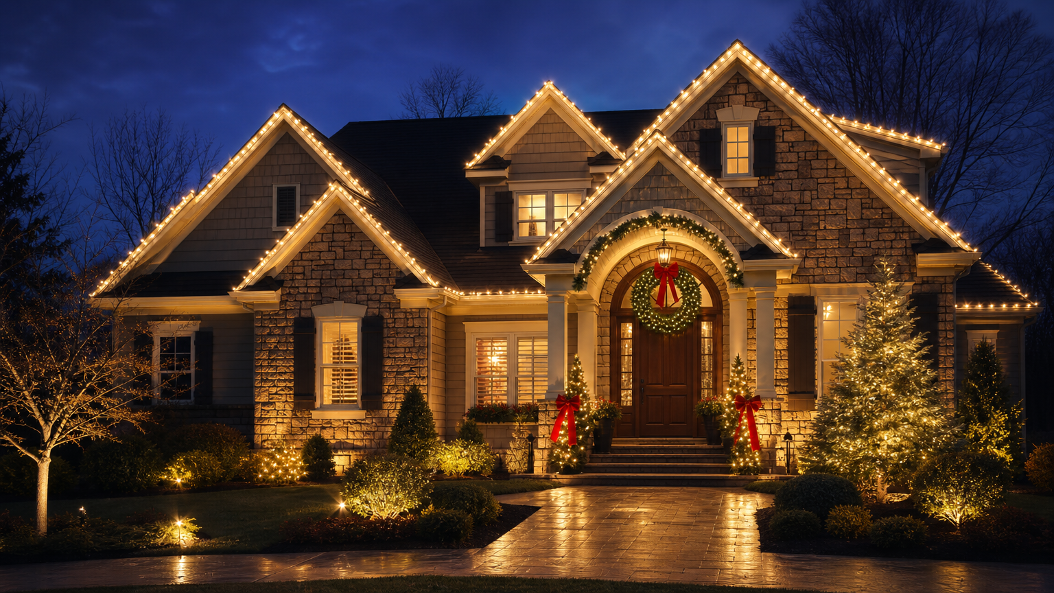 Residential home exterior beautifully illuminated with holiday lights, showcasing professional Christmas light installation on roof, windows, and entrance
