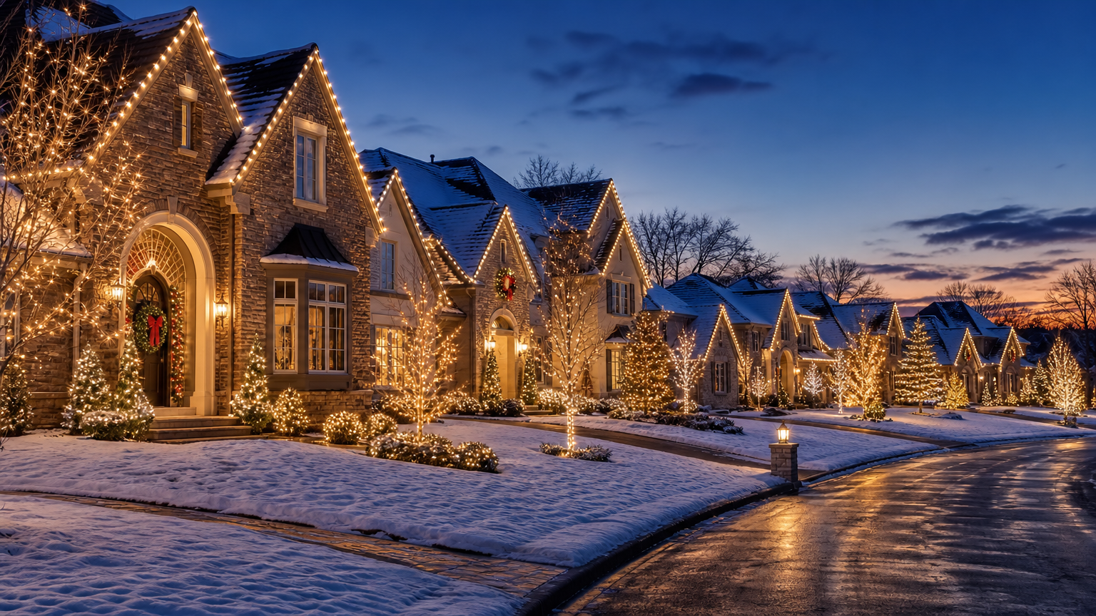 Exterior view of a home at 2550 Country Club Rd Indianapolis, IN with professionally installed Christmas lights outlining the roof, entry, and landscaping, glowing warmly during the evening