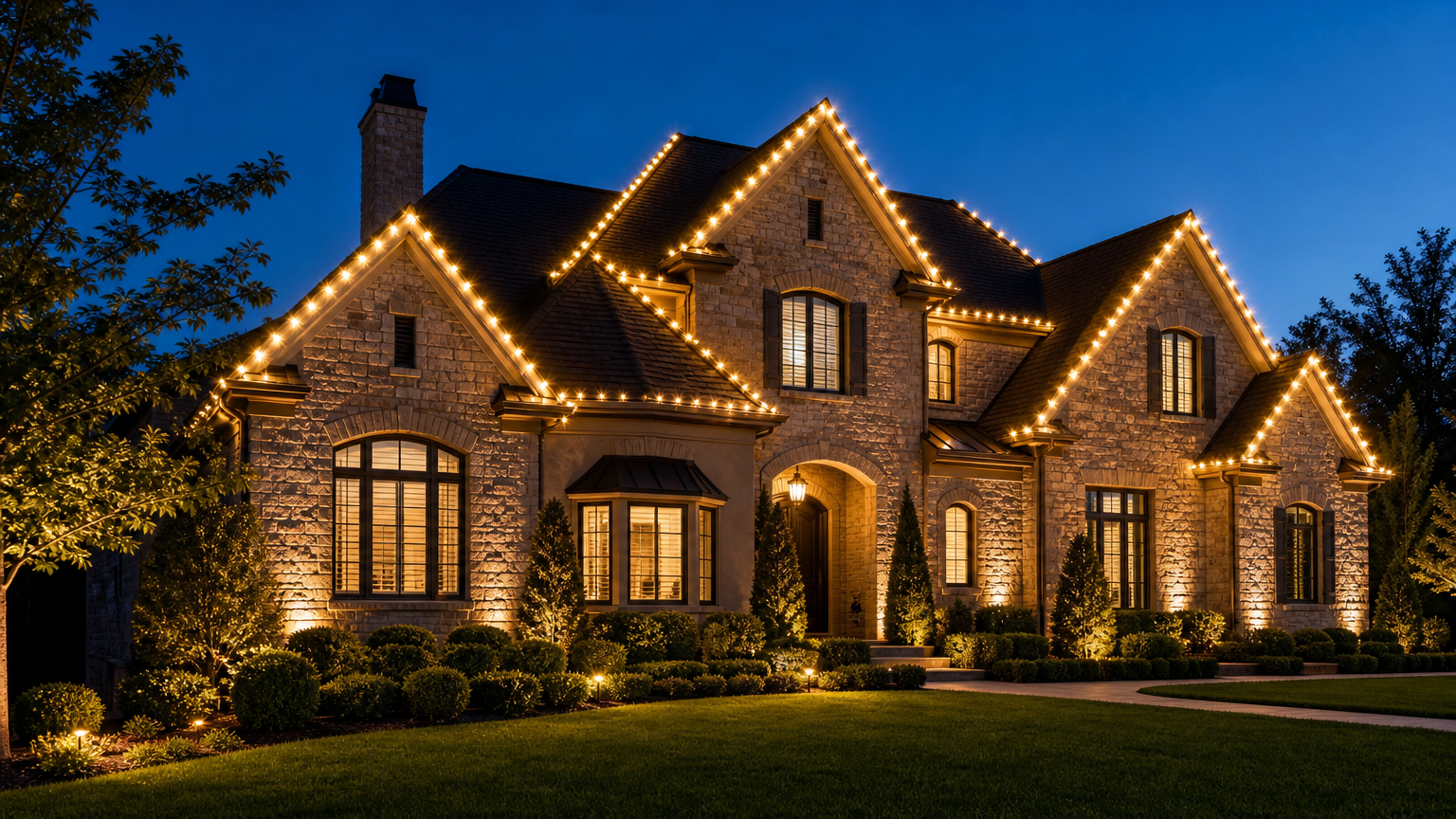 Permanent Christmas lighting installed along the roof and windows of a modern home at dusk with lights glowing gently over a manicured landscape