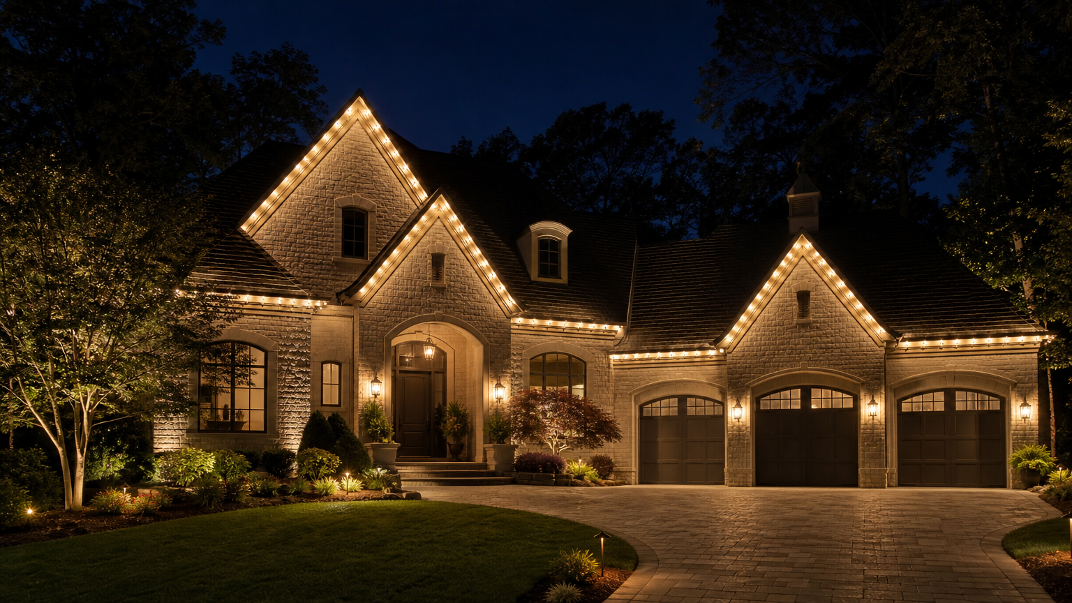 Beautiful house with permanent Christmas lighting installed along the roof and entryway, glowing warmly at night