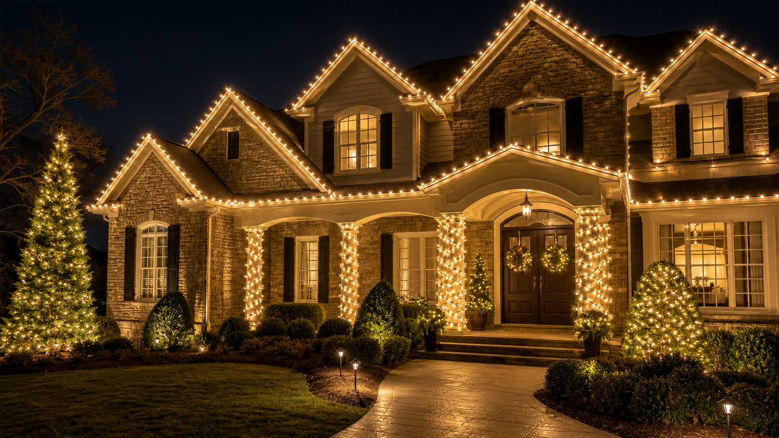 Residential home beautifully decorated with elegant Christmas lights outlining the roof and windows, creating a warm and festive look at night