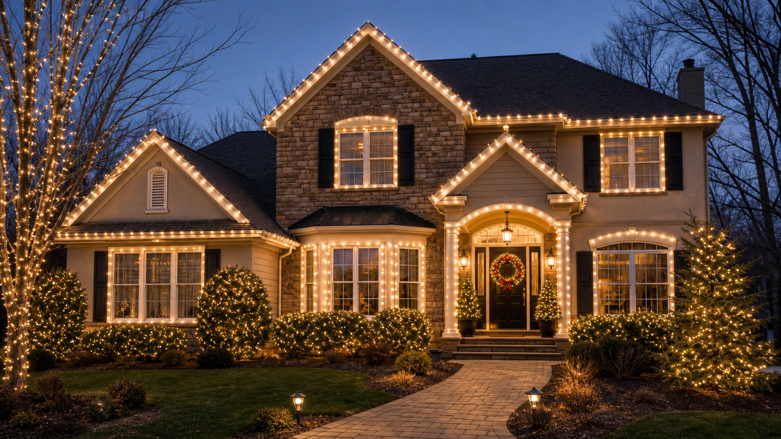 beautiful residential home illuminated with professionally installed Christmas lights, including roofline, windows, and shrubs, at dusk