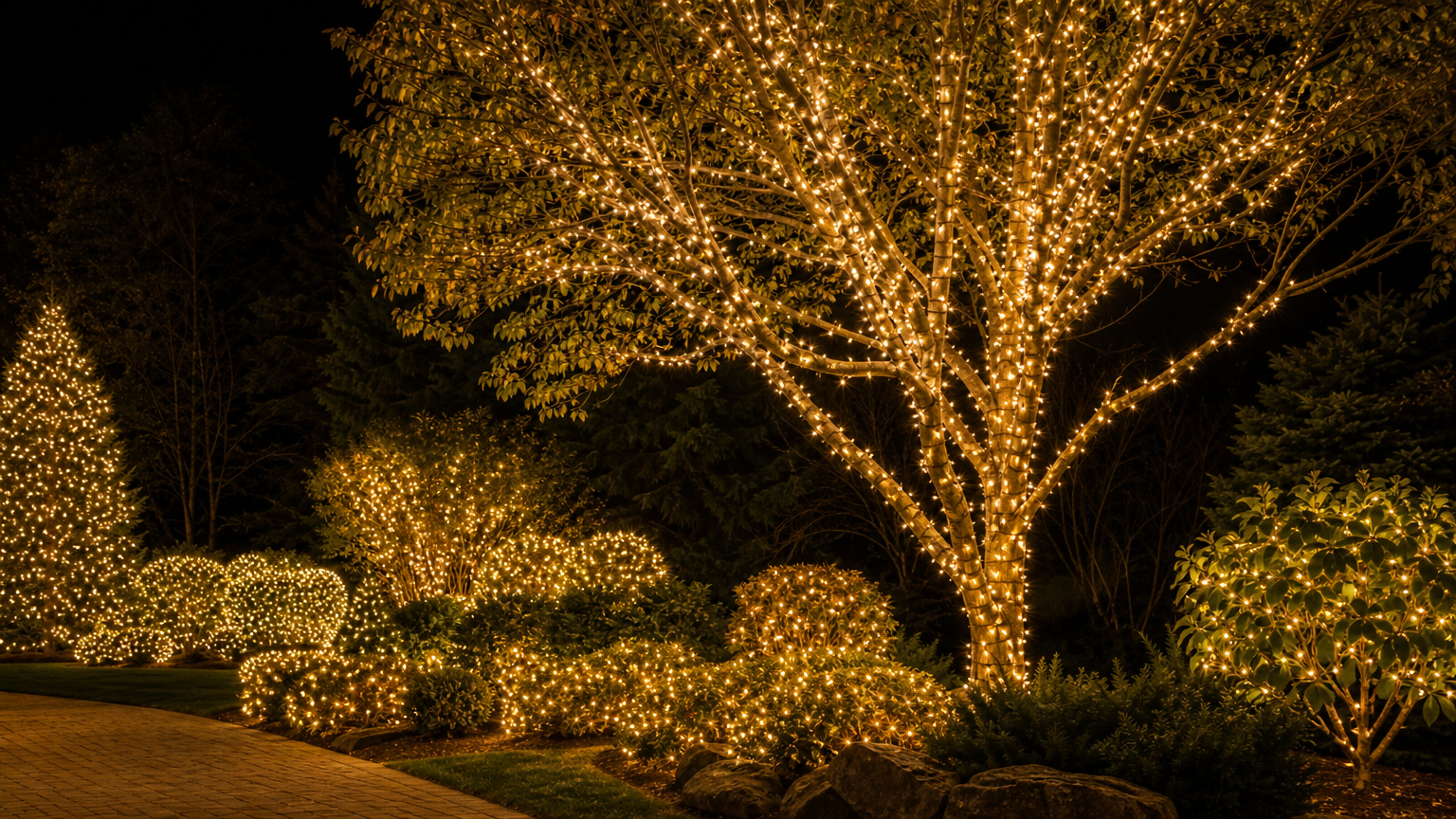 Tree and shrub beautifully decorated with warm white Christmas lights in a residential yard at night