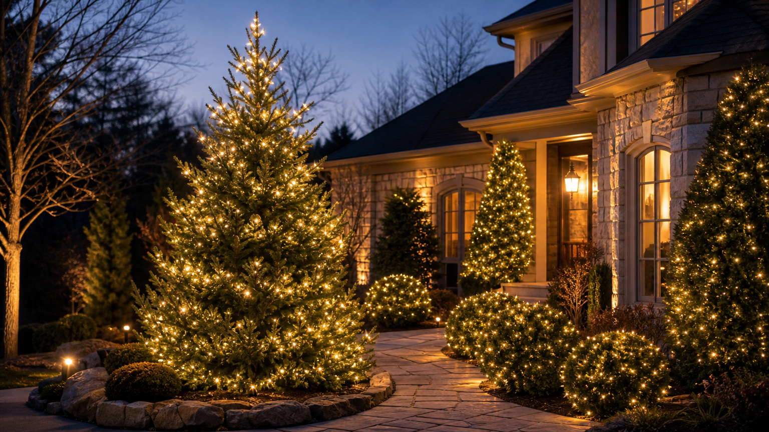 outdoor evergreen tree and shrubs illuminated with warm white Christmas lights in a tidy landscaped yard at dusk