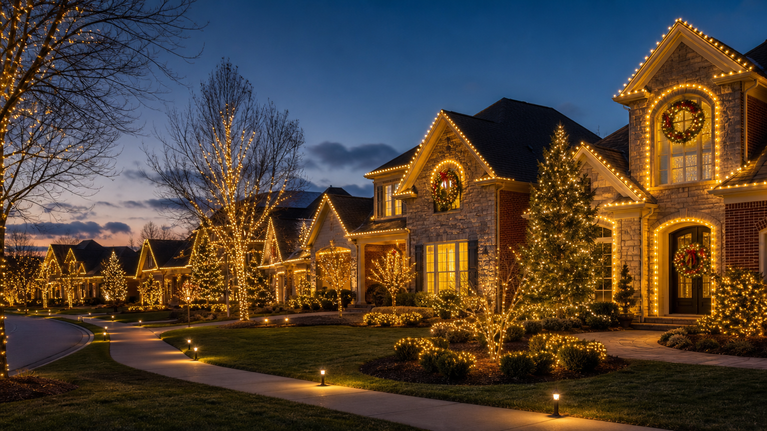 Beautiful Indianapolis home at 2550 Country Club Rd elegantly decorated with professional Christmas lights outlining the roof, windows, and entryway, with illuminated trees and wreath creating a festive holiday display