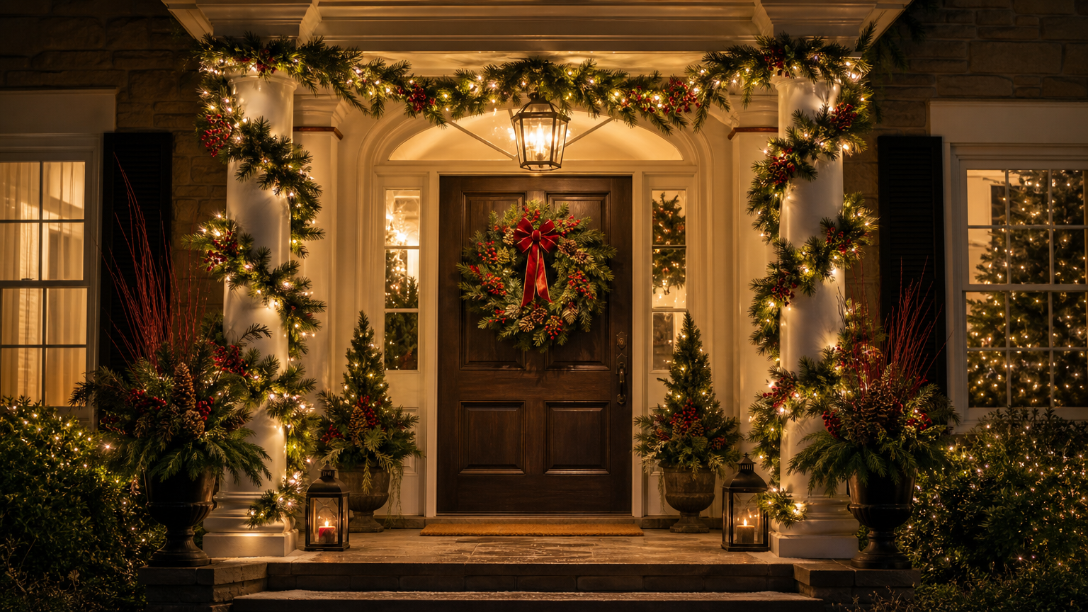 Holiday home entrance with festive Christmas wreath and garland, professionally installed lights, and elegant seasonal decor
