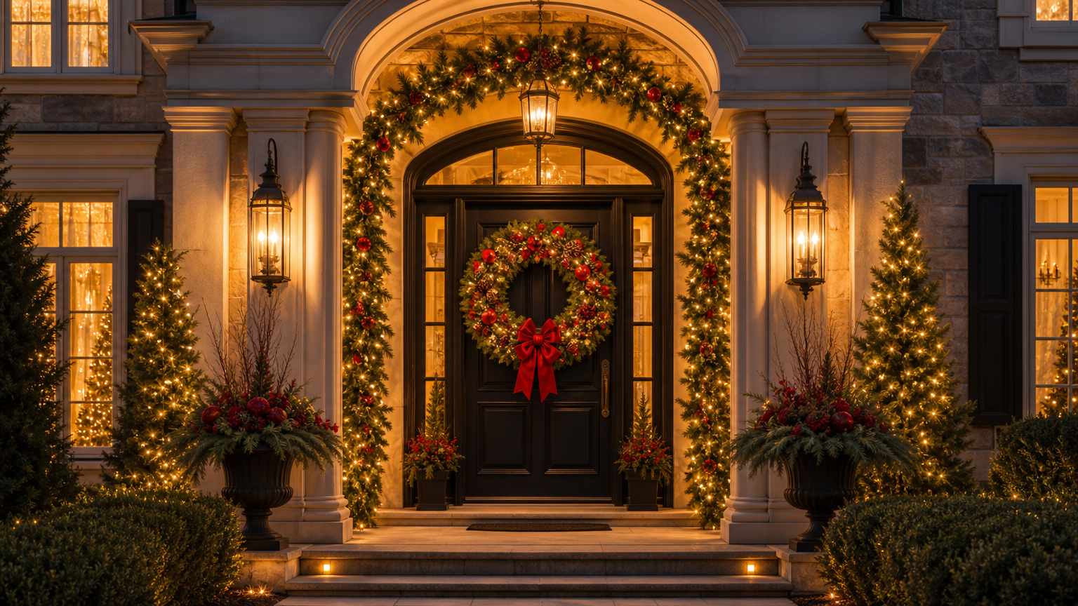 Elegant front entrance with holiday wreath, garland, and exterior Christmas lights highlighting seasonal decor