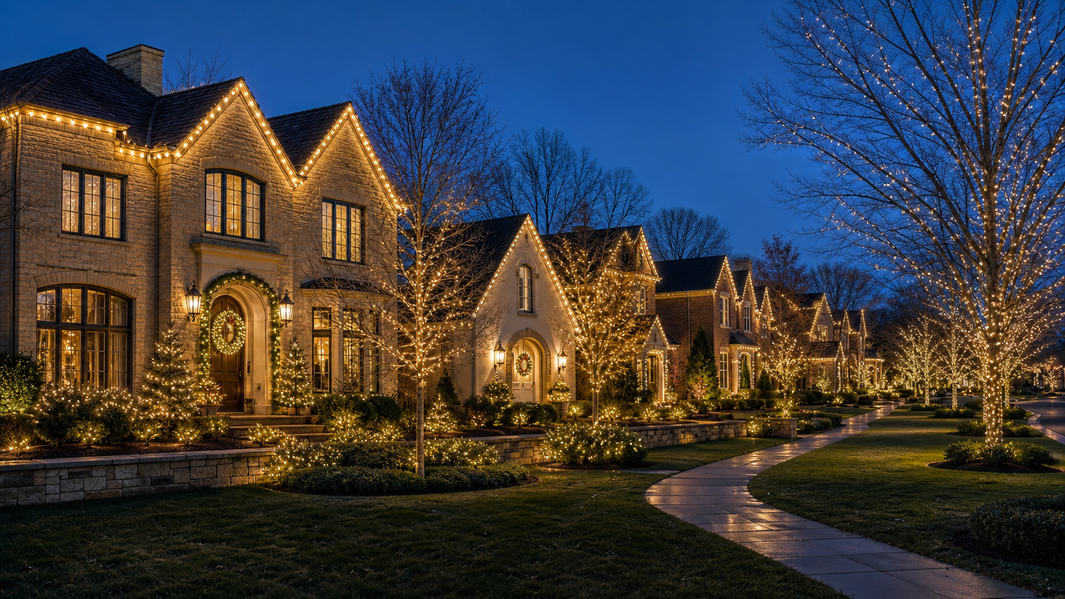 Beautiful professionally installed Christmas lights on a home exterior at 2550 Country Club Rd, Indianapolis, IN, featuring classic white roofline lighting, decorated trees, and illuminated entryway for the holiday season